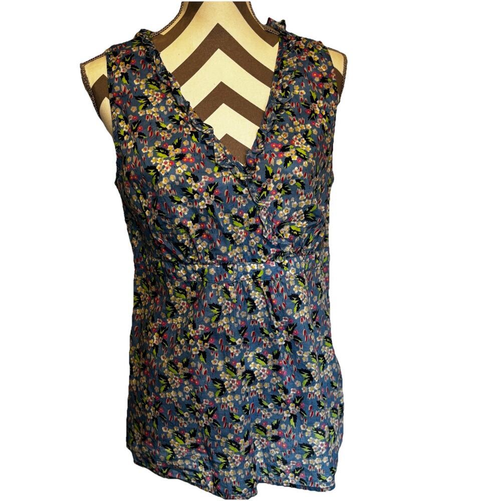 Boden Blue Floral Blouse Size 10 Ruffle Sleeveless V-neck Top Shirt Girlie